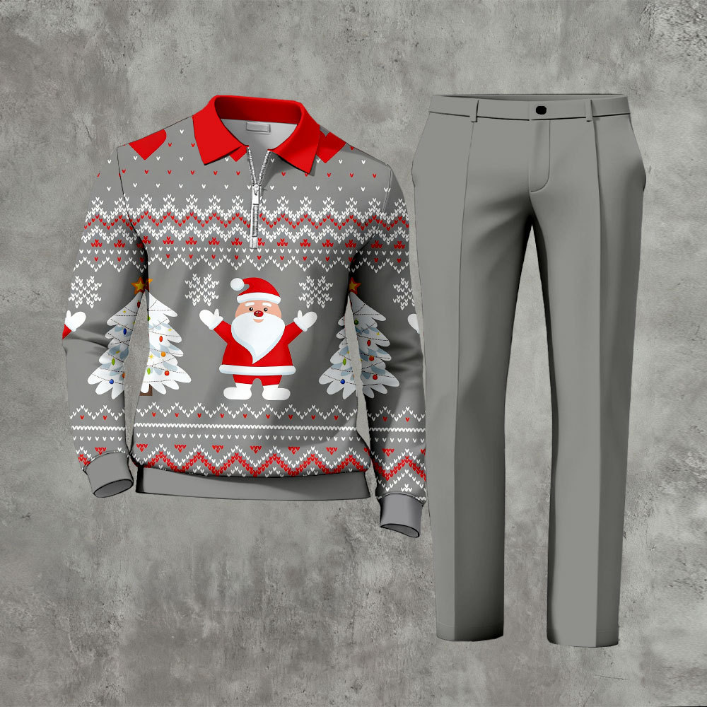 Men's Casual Gray & Red Color Matching Christmas Printed Zipper Long S