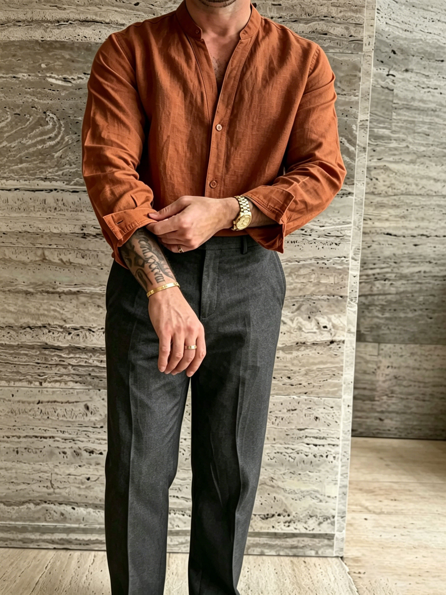 Premium Linen-Blend Mandarin Collar Suit