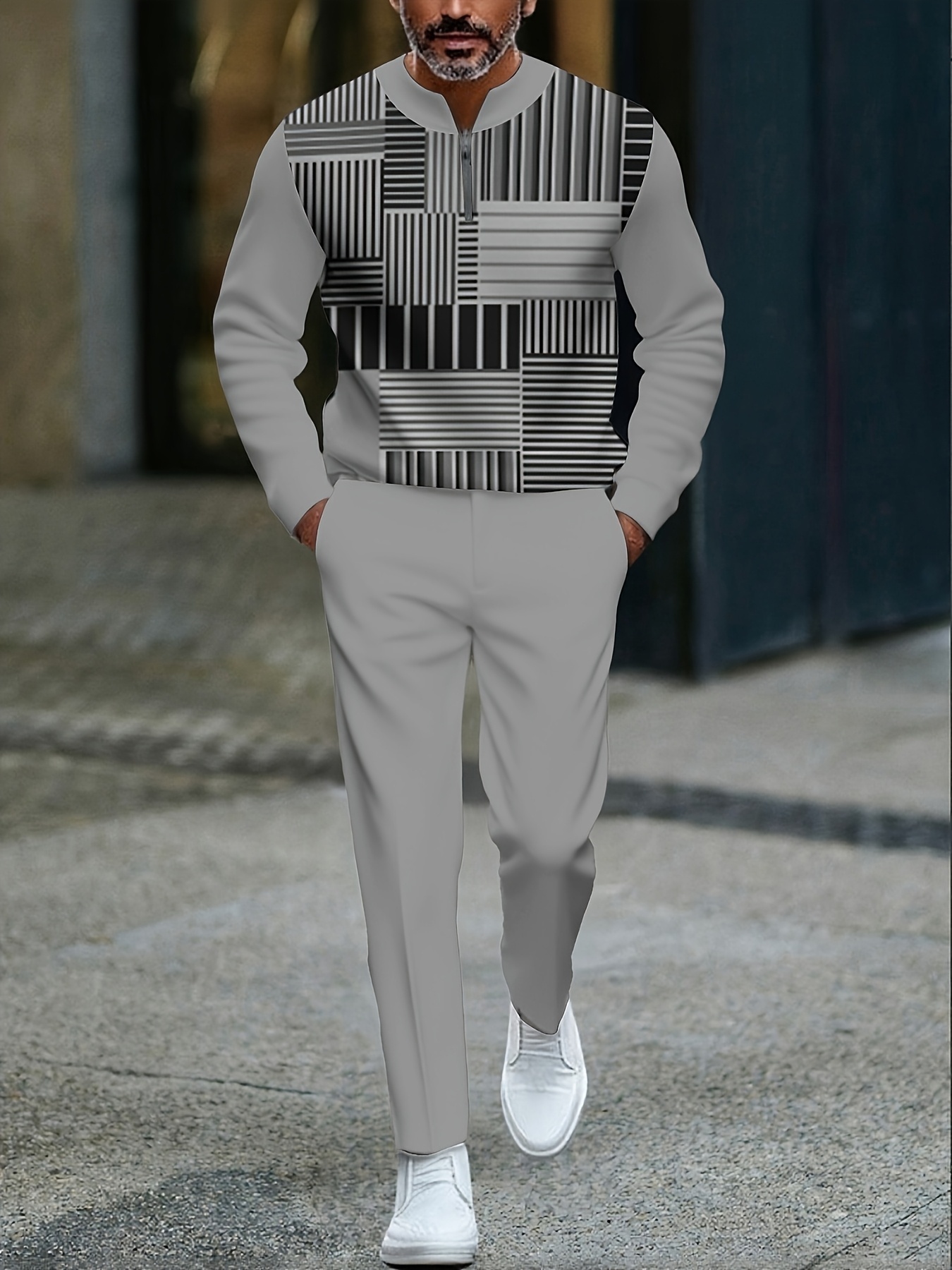 Men's Casual Color Matching Printed Round-Neck Zipper Long Sleeved Tro