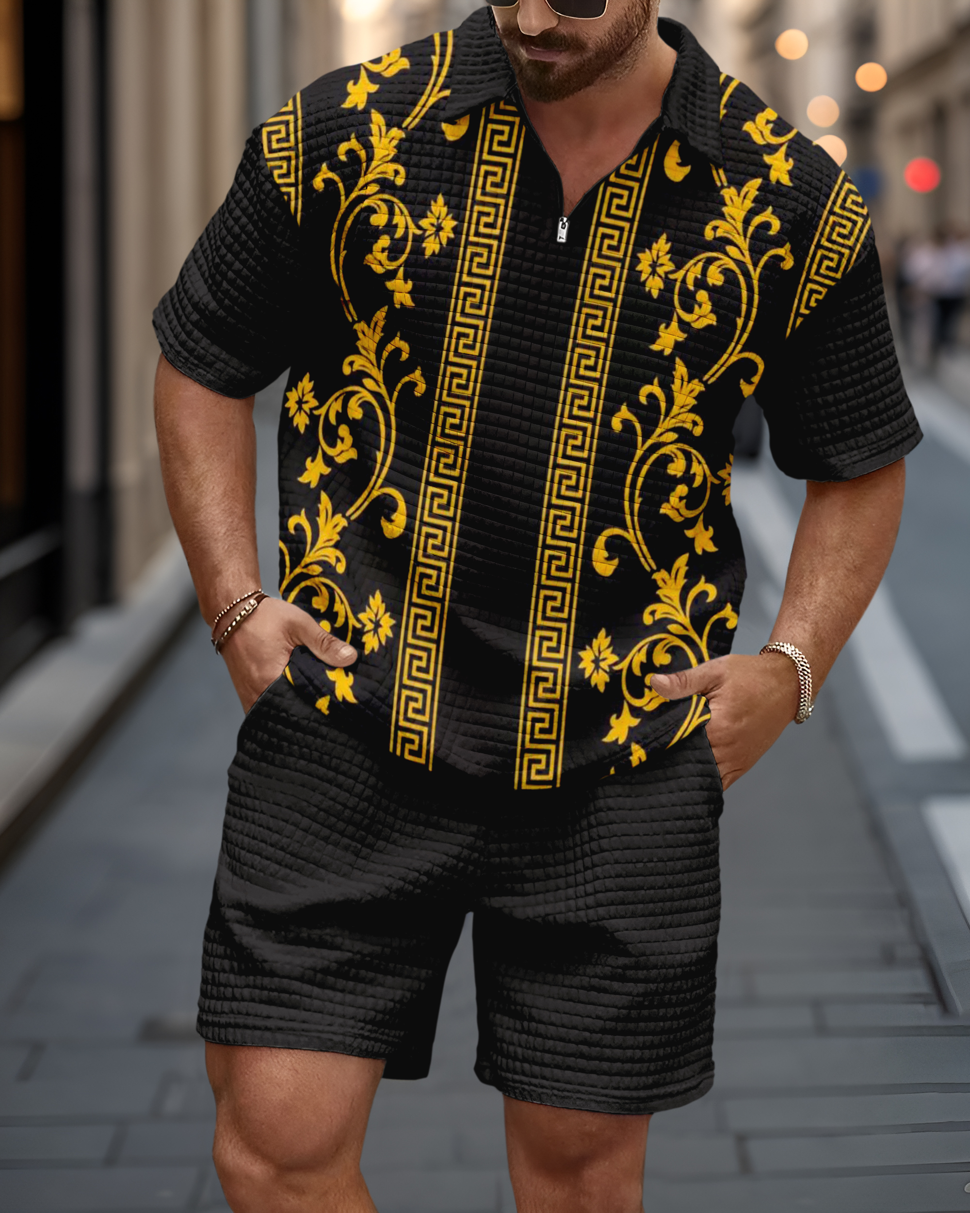 Men's Casual Art Print Waffle Texture Summer Polo Set