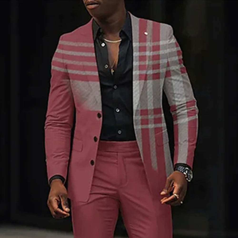 Men's Gradient Red & Gray Color Matching Checkered Printed Long Sleeves Blazer & Trousers Two Pieces Set