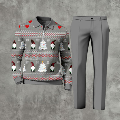 Men's Casual Gray Color Matching Christmas Printed Zipper Long Sleeved Polo Shirt & Trousers Two-Piece Set