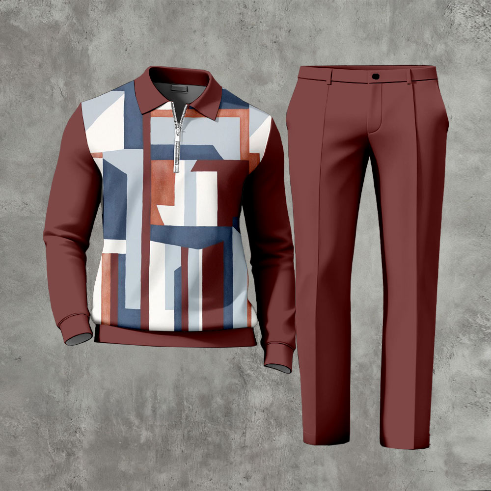 Men's Casual Red & Blue Color Matching Geometric Printed Polo-Collar Zipper Long Sleeved Trousers Two-Piece Set