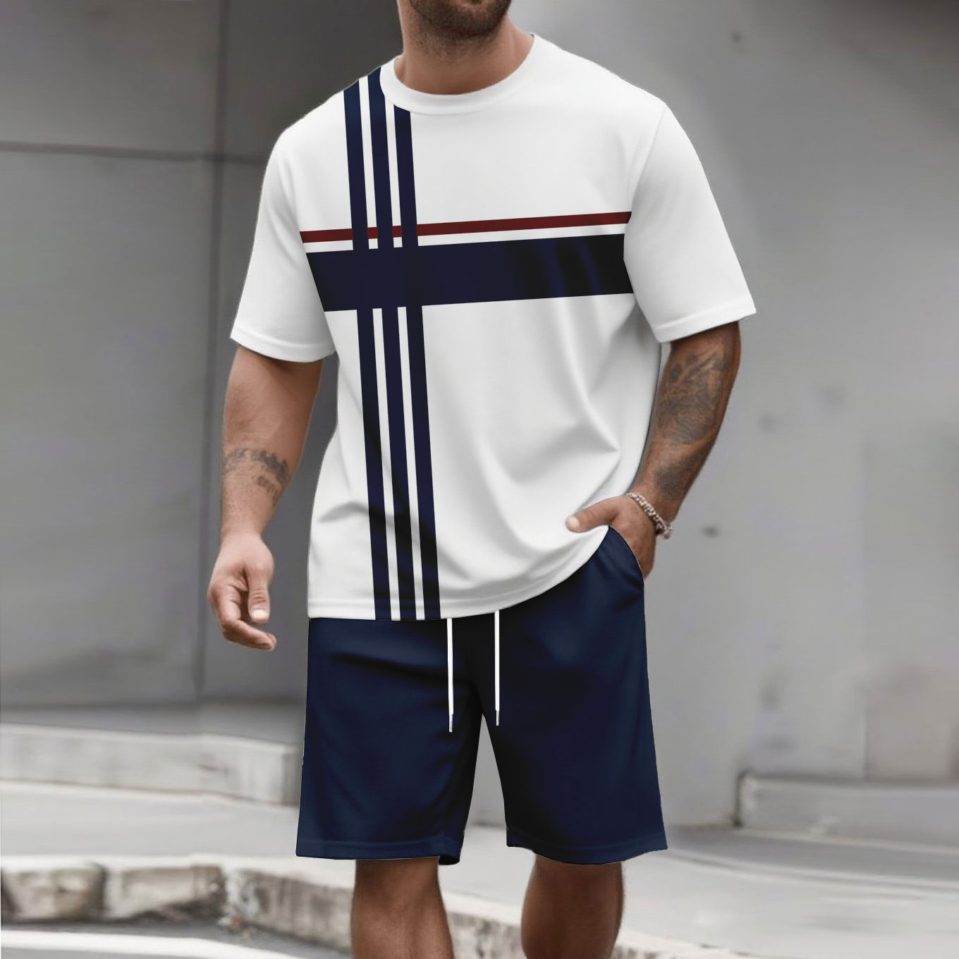 Men's Fashion Casual Color Matching Printed Short-Sleeved Two-Piece Set