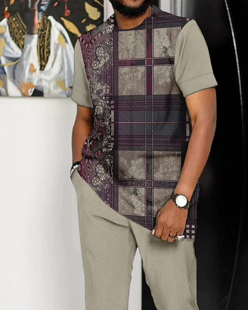 Men's Colorblock Short Sleeve Sports Walking Suit