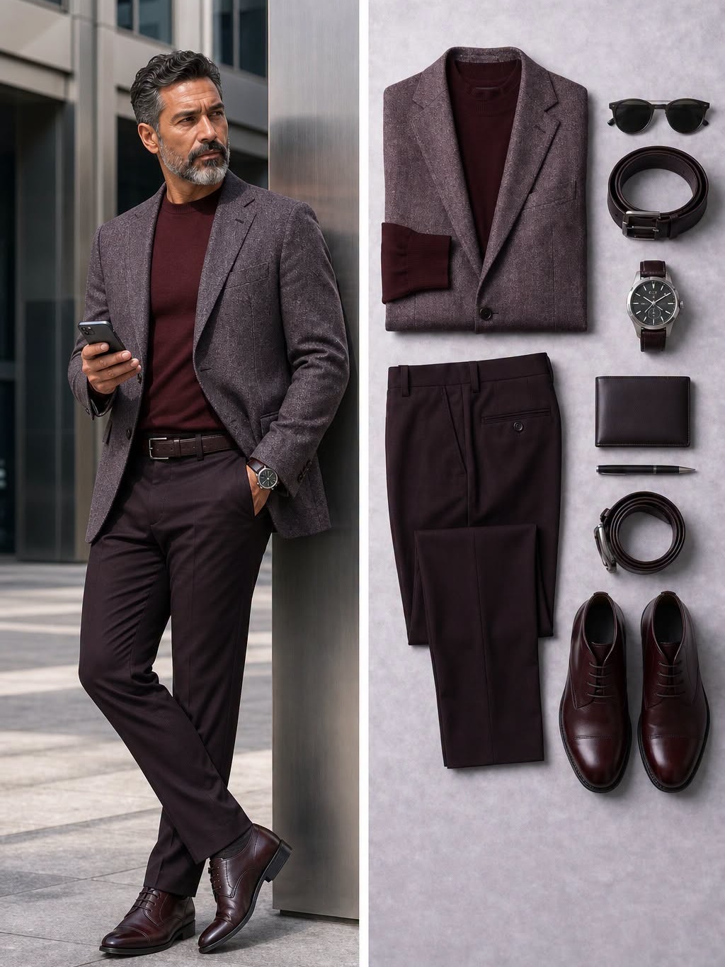 Men's Dusty‑Purple Blazer, Burgundy Crew Neck Sweater & Burgundy Dress Pants 3‑Piece Matching Outfit Set