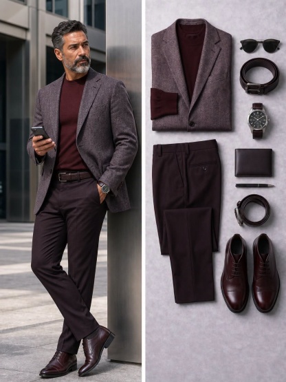 Men's Dusty‑Purple Blazer, Burgundy Crew Neck Sweater & Burgundy Dress Pants 3‑Piece Matching Outfit Set
