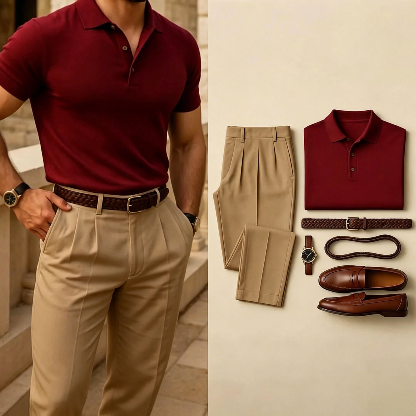 Men's Casual Color Matching Short Sleeves Polo Shirt & Pants Two Piece Set