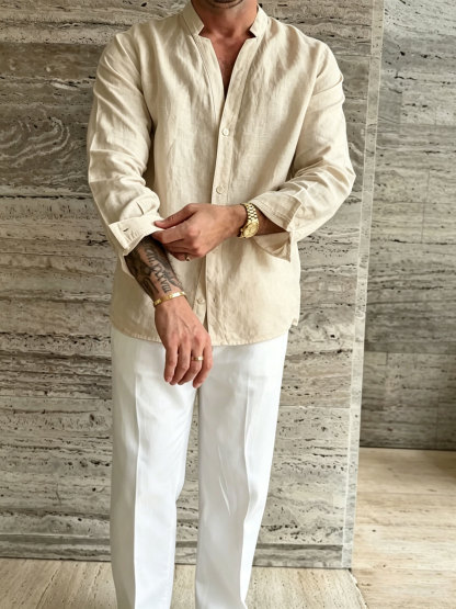Premium Linen-Blend Mandarin Collar Suit