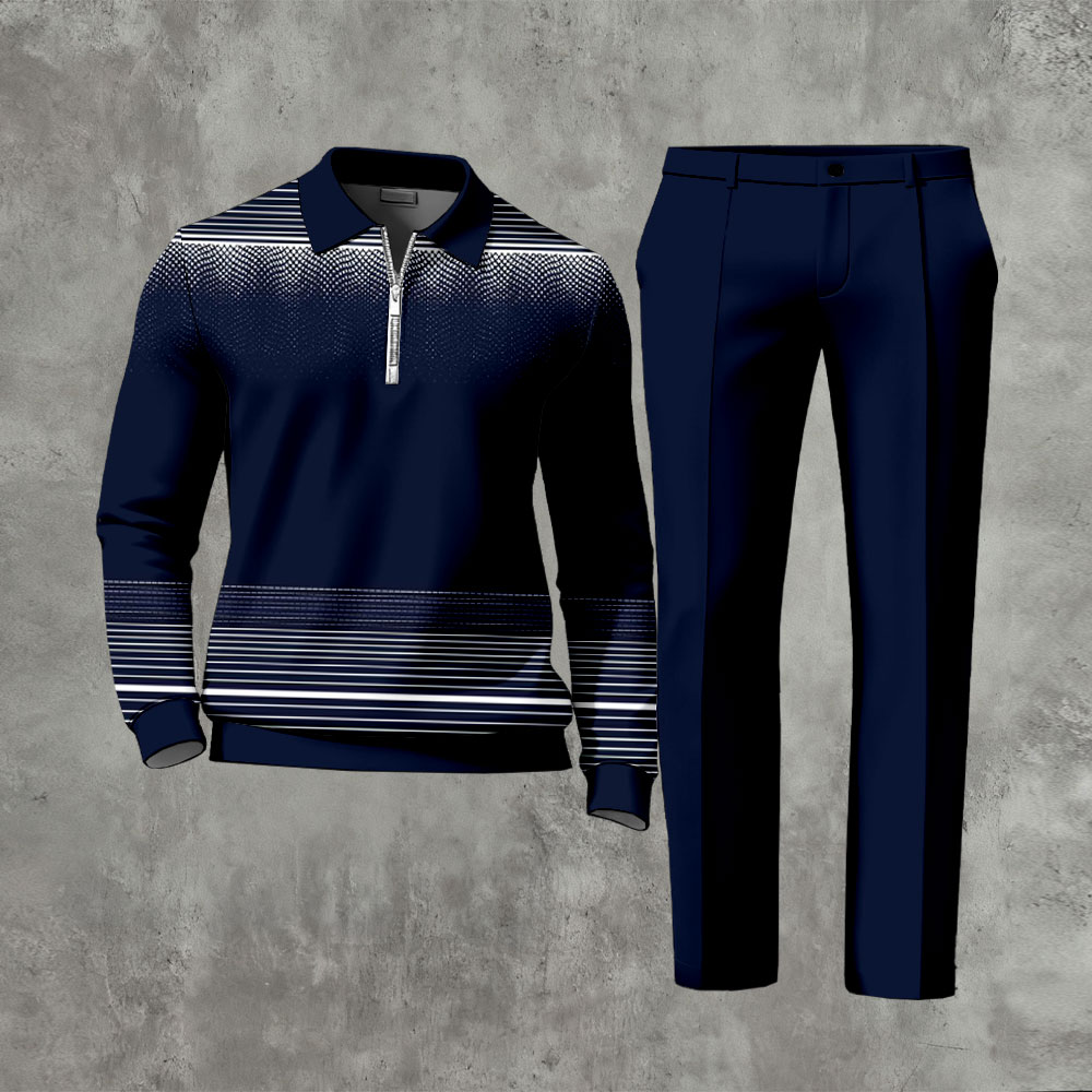 Men's Casual Navy Blue & White Color Matching Gradient Striped Printed Zipper Long Sleeved Polo Shirt & Trousers Two-Piece Set
