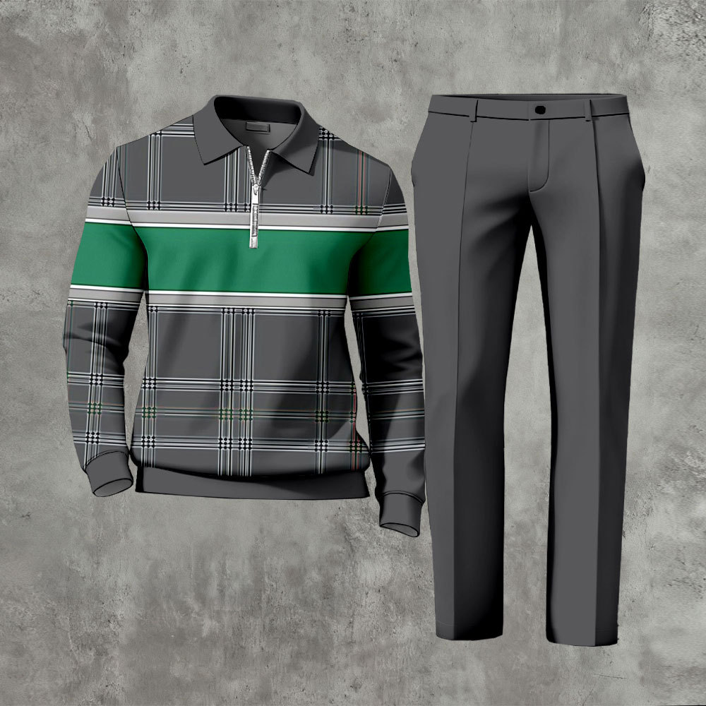 Men's Casual Dark Gray & Green Color Matching Checked Printed Polo-Col