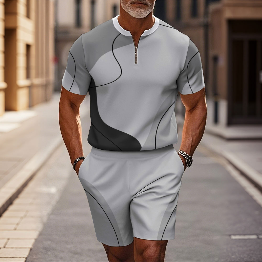 Men's Fashion Gray Color Matching Art Printed Round-neck Zipper Short-sleeved Two-piece Set