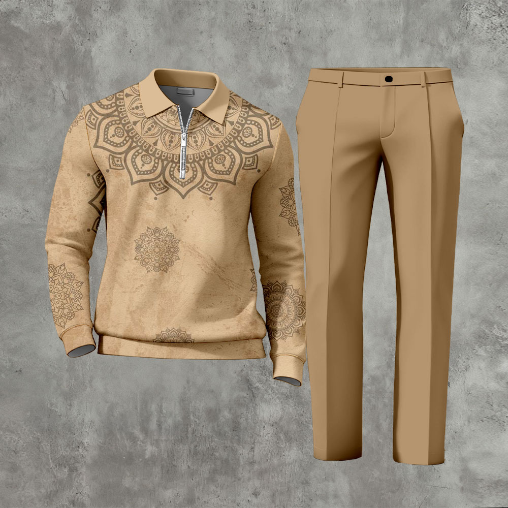 Men's Casual Tan Color Matching Ethnic Style Printed Zipper Long Sleeved Polo Shirt & Trousers Two-Piece Set