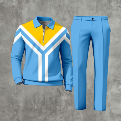 Men's Casual Light Blue & Yellow Color Matching Geometric Printed Zipper Long Sleeved Polo Shirt & Trousers Two-Piece Set