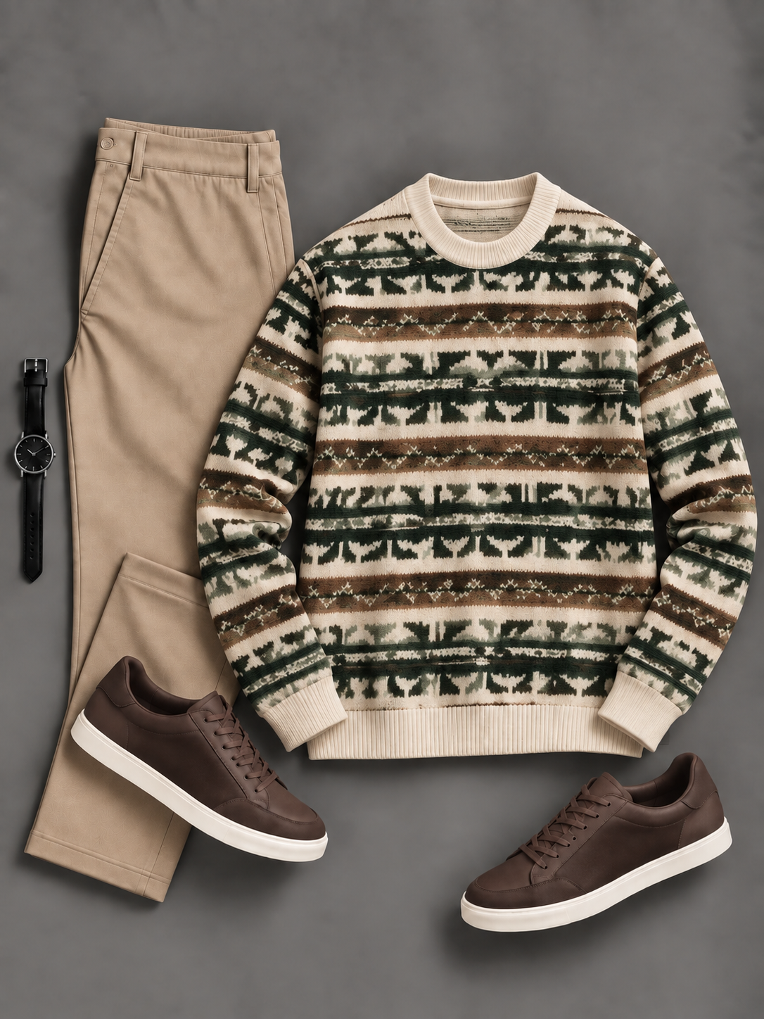 Men's Casual Stripe Fair Isle Crew Neck Knit Sweater & Straight Chino Pants 2‑Piece Matching Outfit Set, Multiple Colors Available