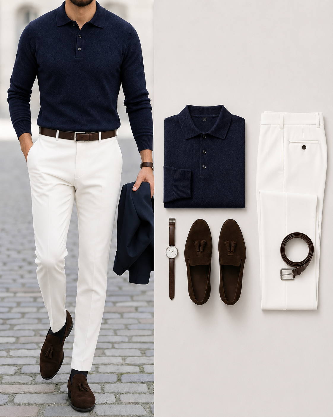 Men's Casual Color Navy Long Sleeves Knit Polo Shirt & White Chino Pants Two Piece Set