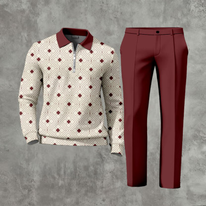 Men's Casual Maroon & Beige Color Matching Vintage Pattenr Zipper Long Sleeved Polo Shirt & Trousers Two-Piece Set