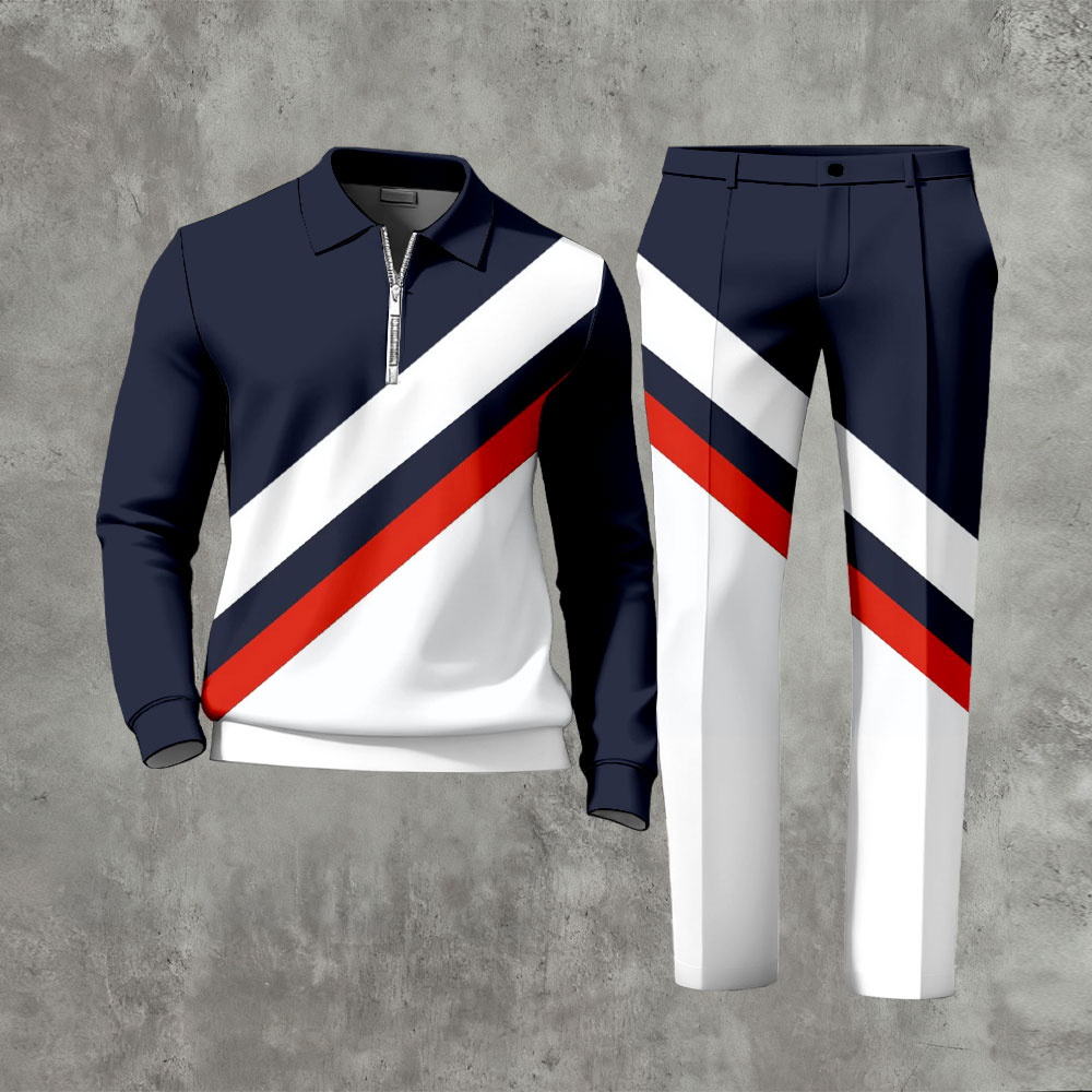 Men's Casual White Navy Red Color Matching Striped Printed Polo-Collar Zipper Long Sleeved Trousers Two-Piece Set