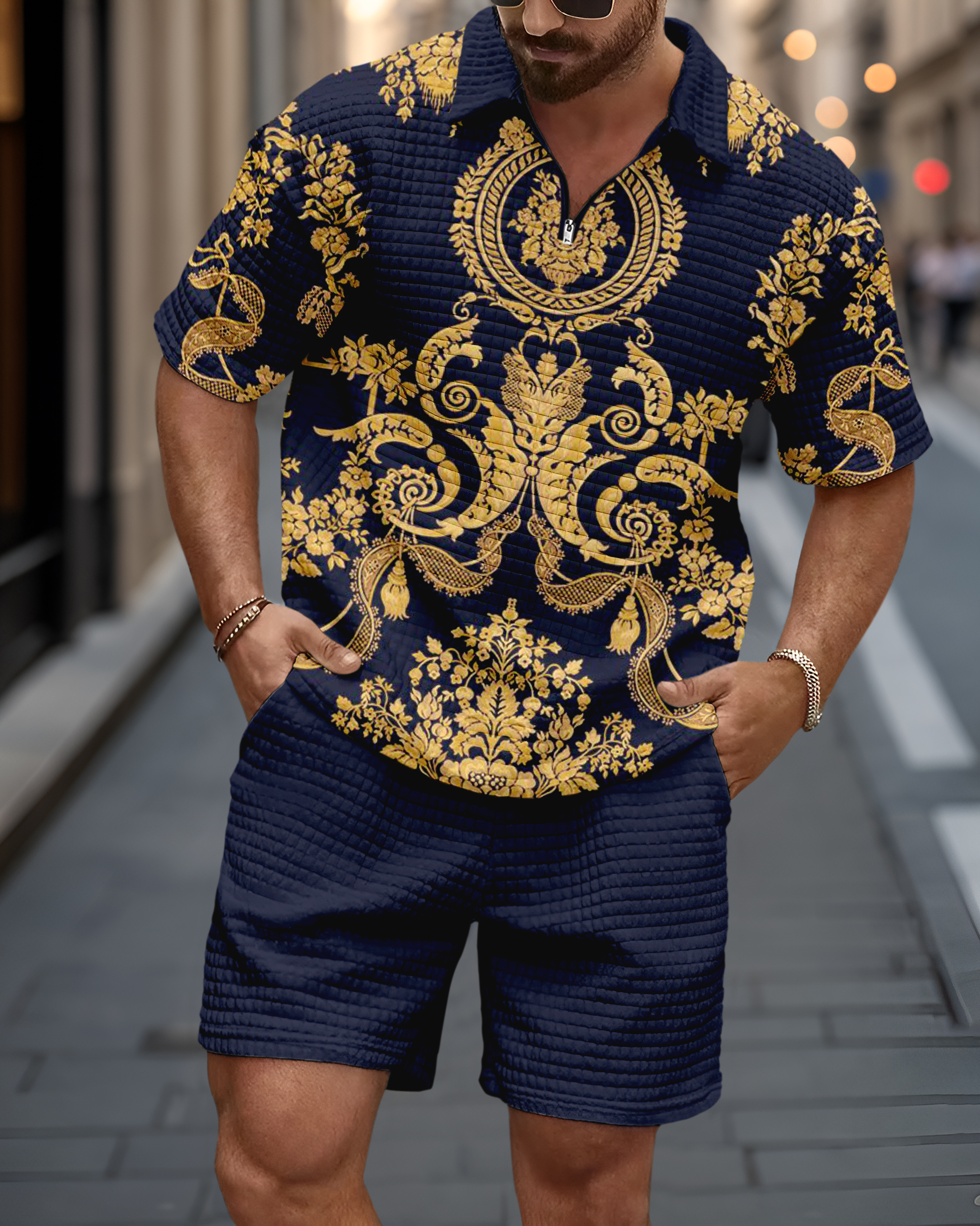 Men's Casual Art Print Waffle Texture Summer Polo Set