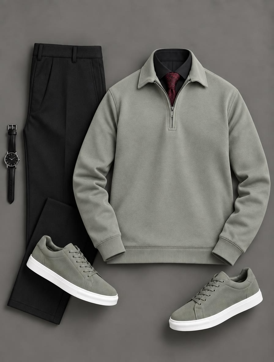 Men's Collar Quarter Zip Sweatshirt & Straight Dress Pants 2 Piece Outfit Set, Multiple Colors Available