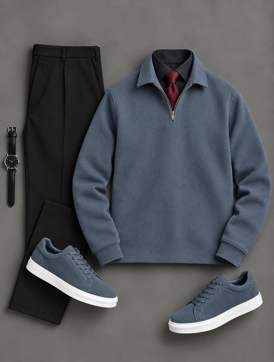 Men's Collar Quarter Zip Sweatshirt & Straight Dress Pants 2 Piece Outfit Set, Multiple Colors Available