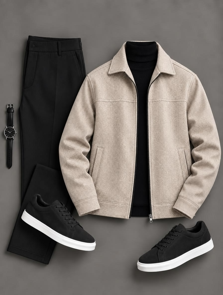 Men's Lapel Zipper Herringbone Jacket & Straight Dress Pants 2 Piece Outfit Set, Multiple Colors Available