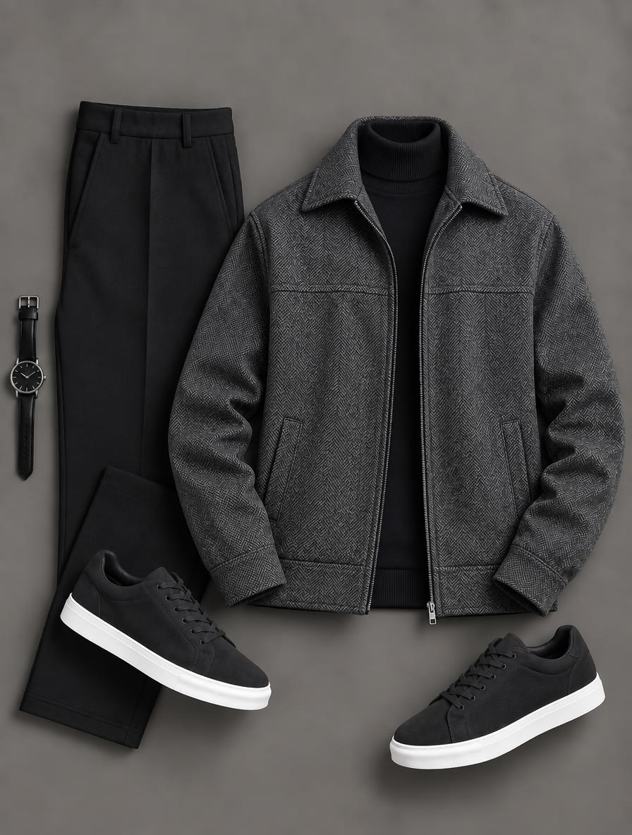 Men's Lapel Zipper Herringbone Jacket & Straight Dress Pants 2 Piece Outfit Set, Multiple Colors Available