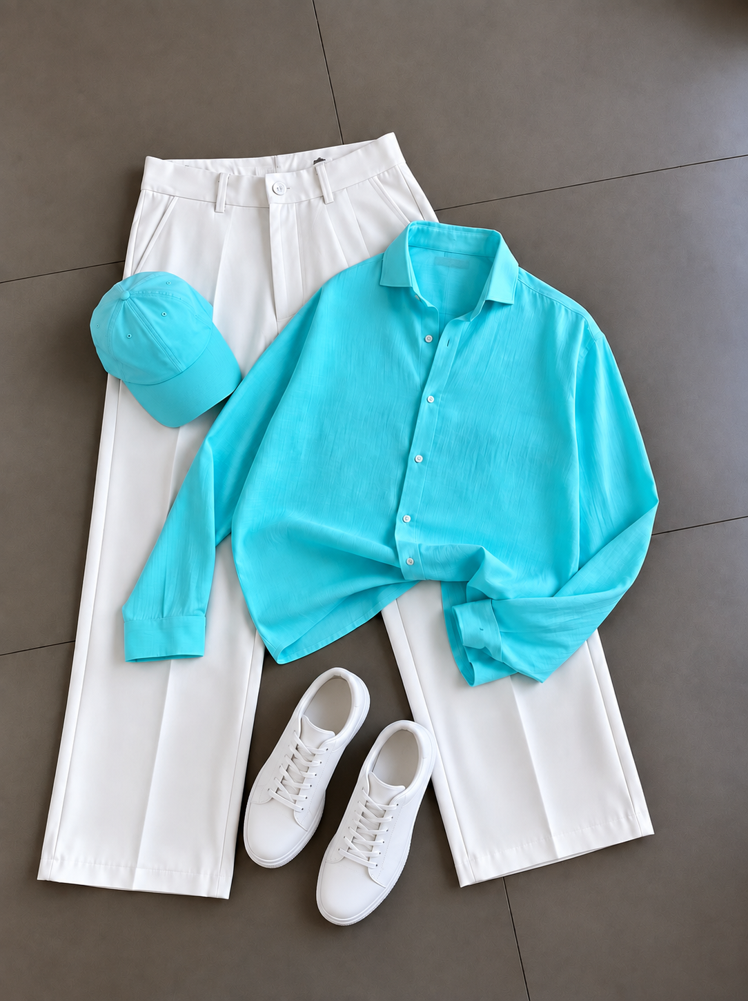 Men's Casual Aqua Blue Button-Up Shirt & White Pants Two-Piece Set