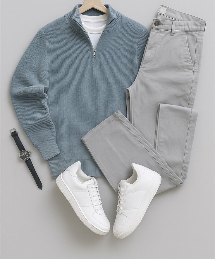 Men's Casual Color Matching Blue Long Sleeves Sweater & Pants & T-shirt 3pcs Set