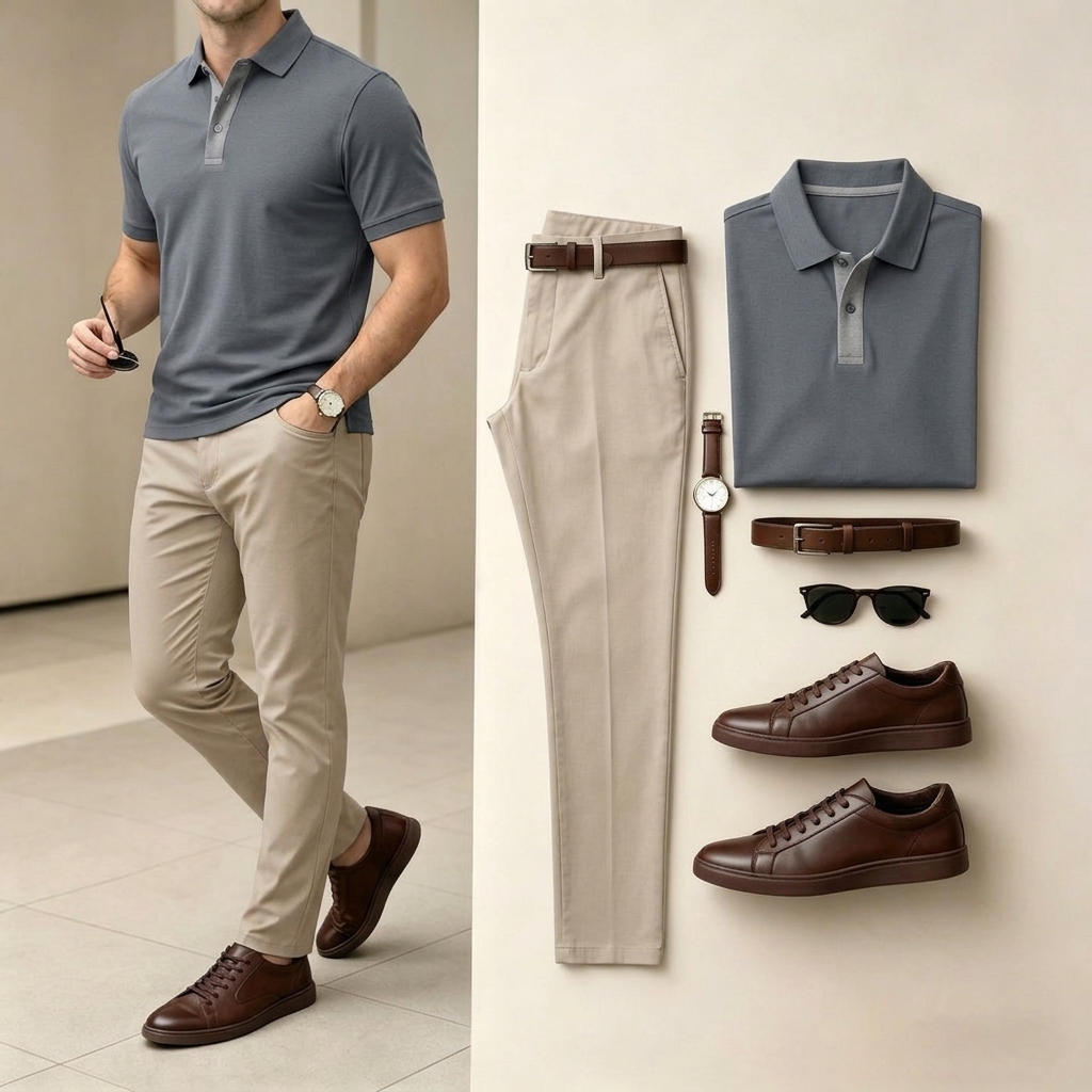 Men's Light Gray Color Short Sleeved Polo Shirt & Pants Two-Piece Set
