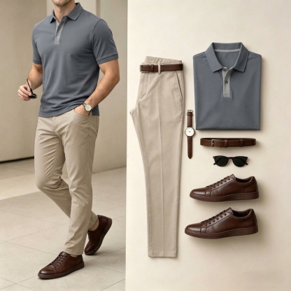 Men's Light Gray Color Short Sleeved Polo Shirt & Pants Two-Piece Set