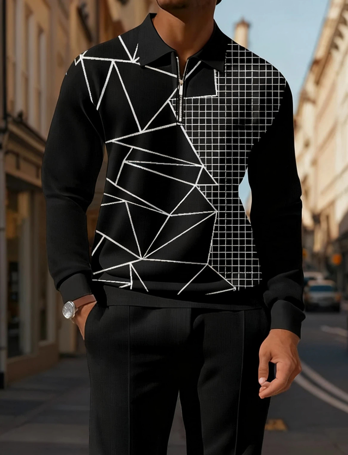 Men's Casual Colorblock Personalized Long Sleeve Polo Shirt Set  003