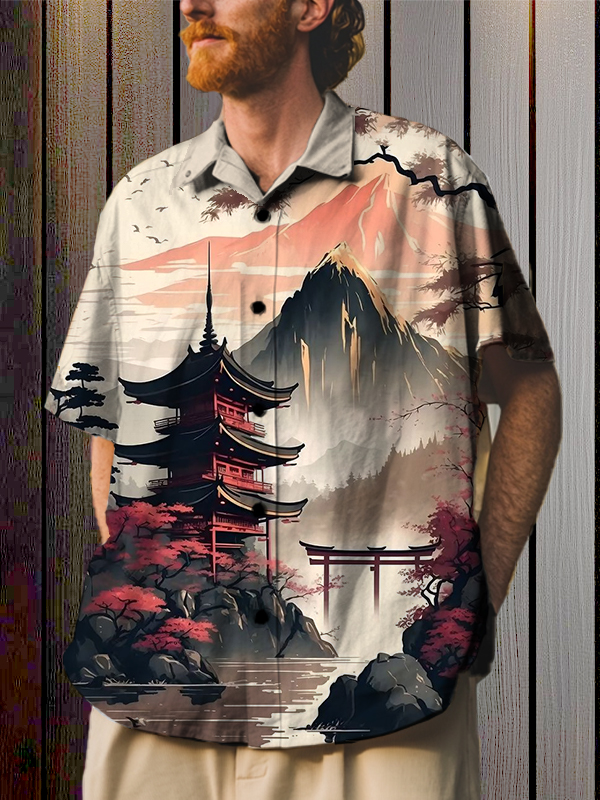 Men's Japanese Temple Painting Print Short Sleeve Shirt