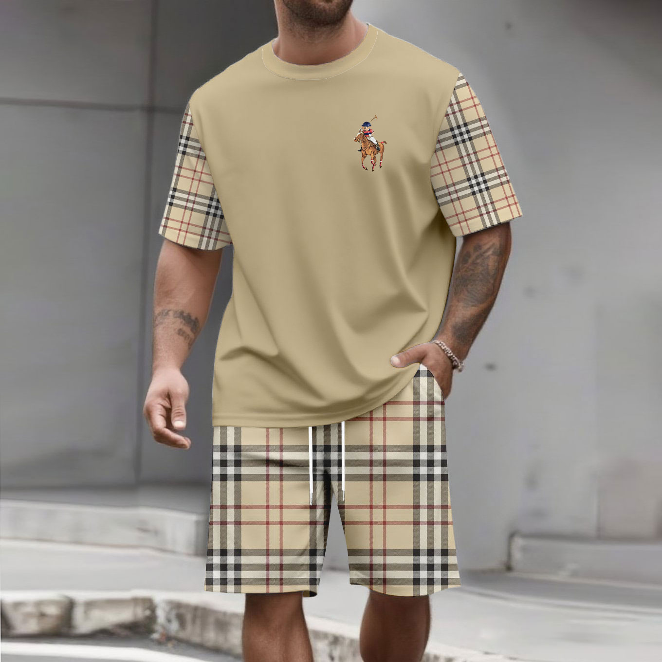 Men's Fashion Casual Color Matching Printed Short-Sleeved Two-Piece Set