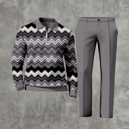 Men's Casual Dark Gray & Black Color Matching Printed Zipper Long Sleeved Polo Shirt & Trousers Two-Piece Set