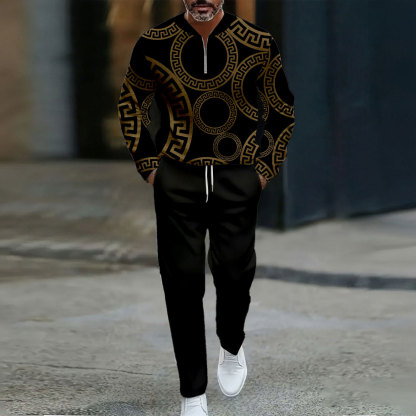 Men's Casual Color Matching Printed Round-Neck Zipper Long Sleeved Trousers Two-Piece Set