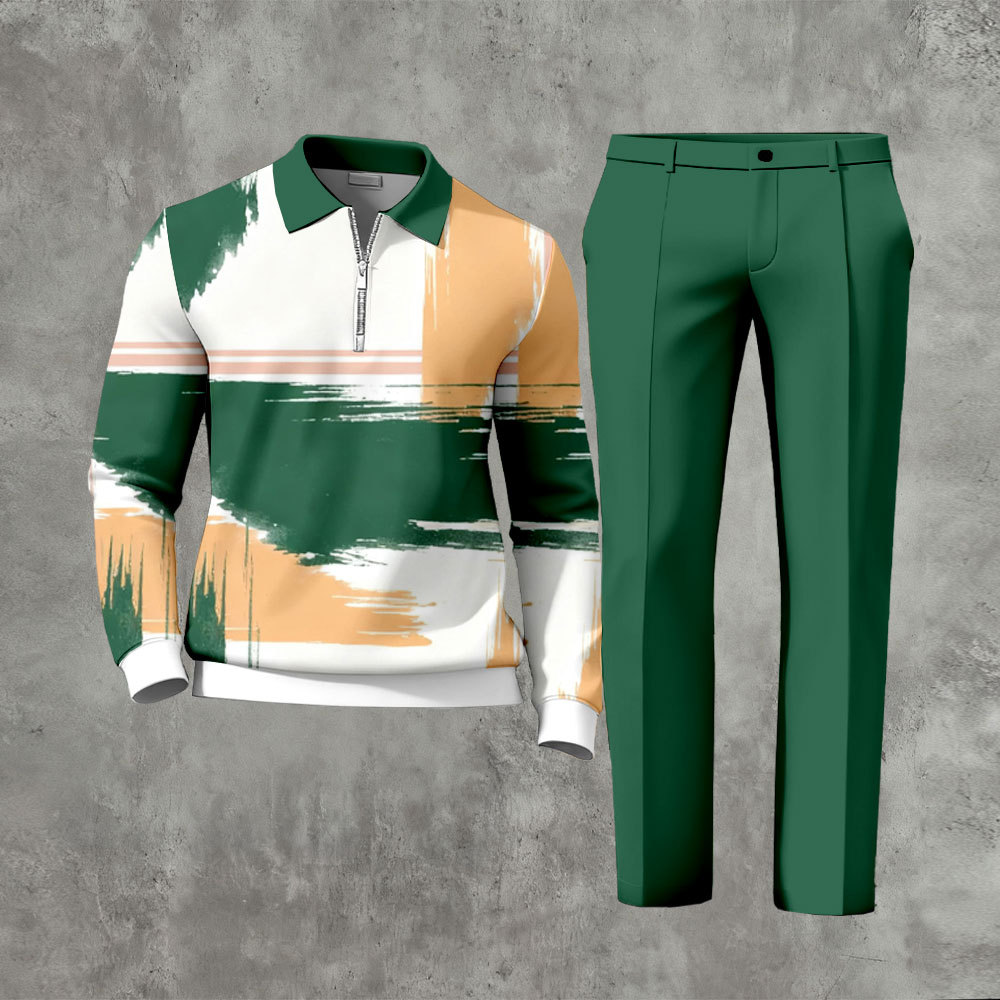 Men's Casual Green & White Color Matching Abstract Art Printed Zipper 