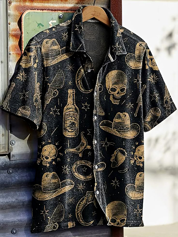 Men's Vintage Skull And Cowboy Art Print Short Sleeve Shirt