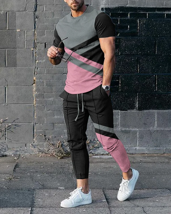 Men's simple contrast color short-sleeved trousers suit 4 colors 486