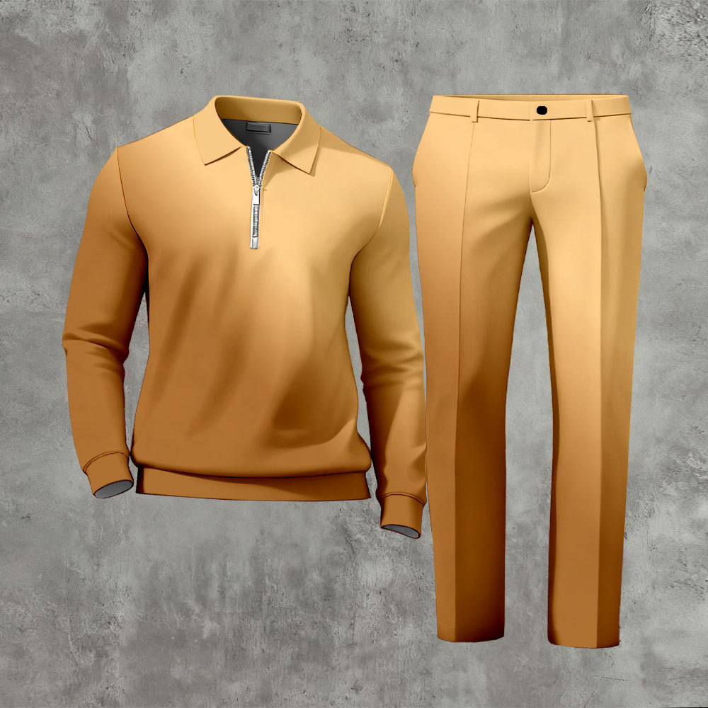 Men's Casual Tan Color Matching Gradient Printed Zipper Long Sleeved P