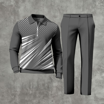 Men's Casual Gray & White Color Matching Geometric Printed Zipper Long Sleeved Polo Shirt & Trousers Two-Piece Set