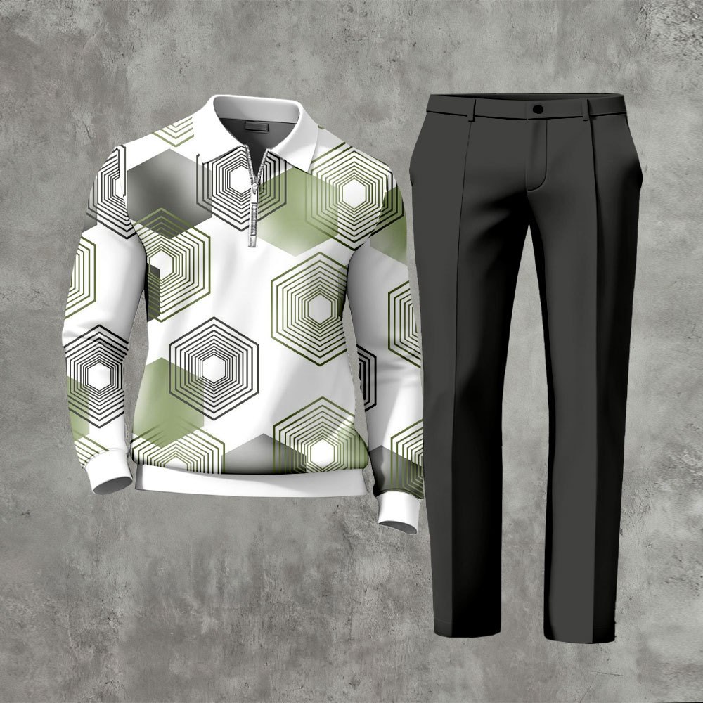 Men's Casual Gray & White Color Matching Geometric Printed Zipper Long