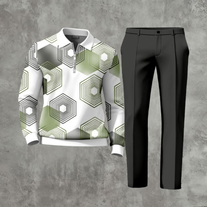 Men's Casual Gray & White Color Matching Geometric Printed Zipper Long Sleeved Polo Shirt & Trousers Two-Piece Set