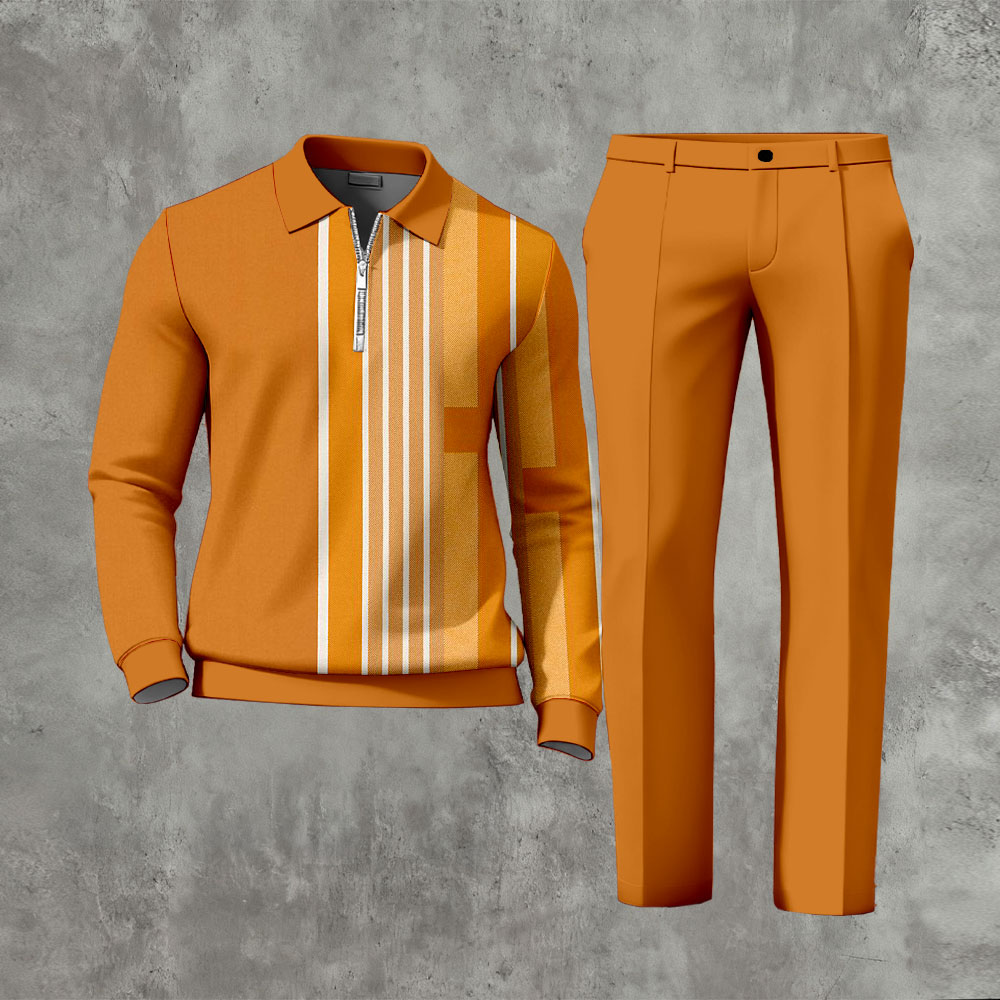 Men's Casual Orange & White Color Matching Striped Printed Zipper Long Sleeved Polo Shirt & Trousers Two-Piece Set