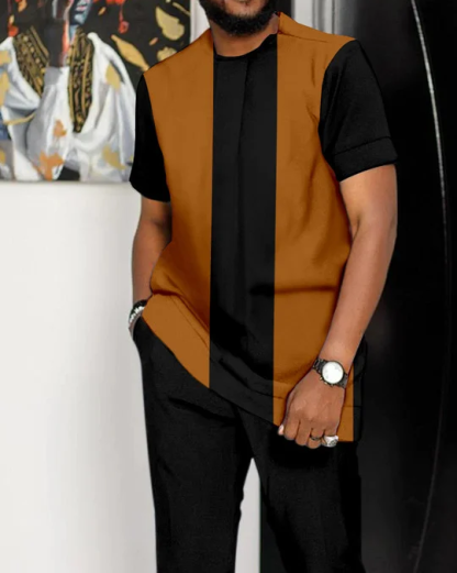 Men's Colorblock Print Short Sleeve Sports Walking Suit