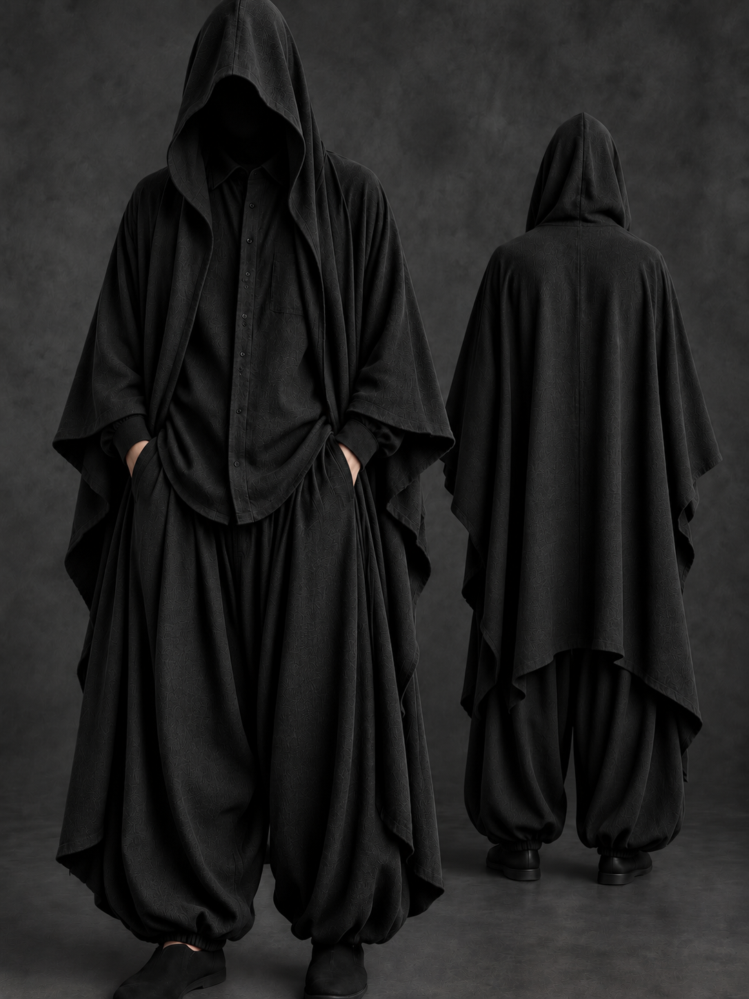 Men's Oversized Hooded Cape, Shirt & Harem Pants Three -Piece Set