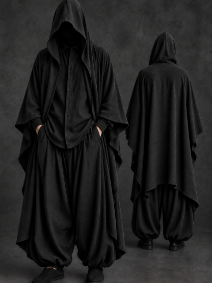 Men's Oversized Hooded Cape, Shirt & Harem Pants Three -Piece Set