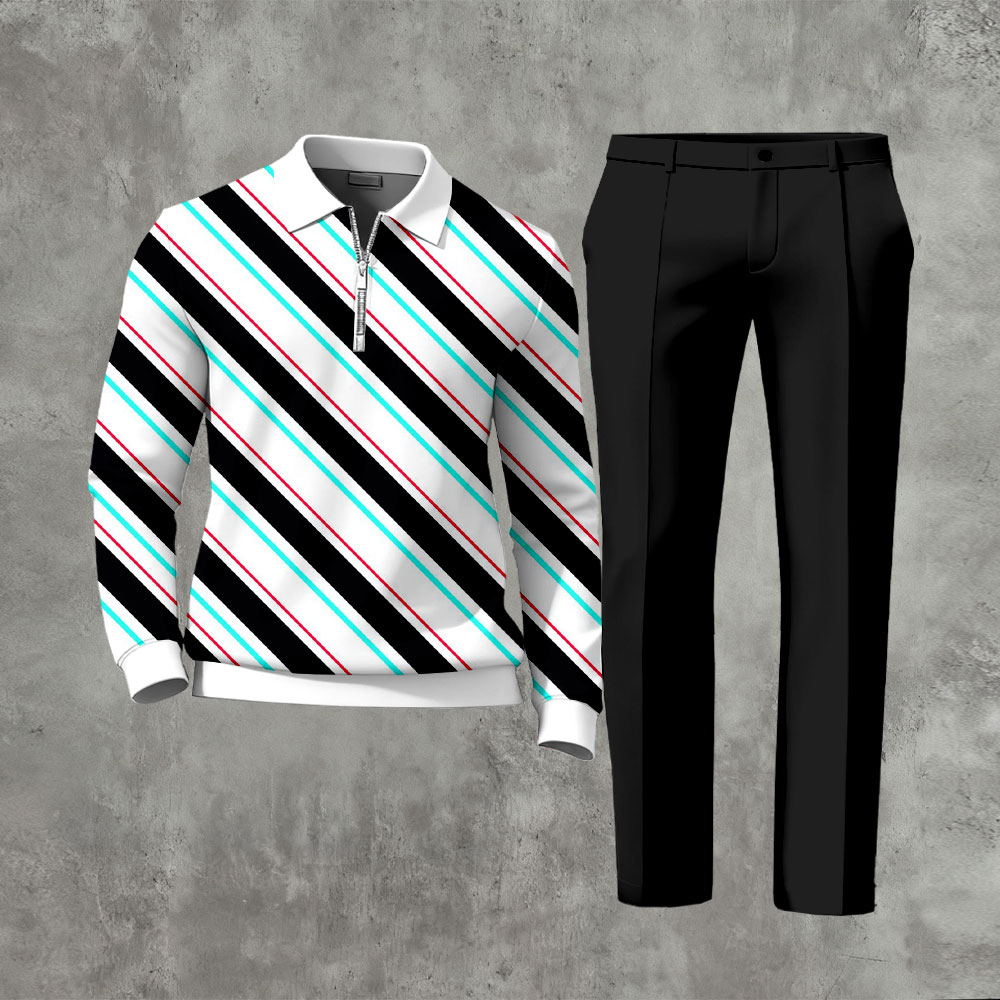 Men's Casual Black & White Color Matching Striped Printed Zipper Long Sleeved Polo Shirt & Trousers Two-Piece Set