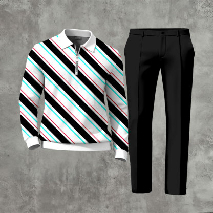Men's Casual Black & White Color Matching Striped Printed Zipper Long Sleeved Polo Shirt & Trousers Two-Piece Set