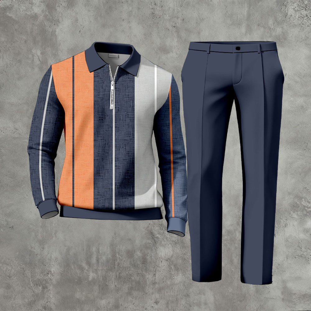 Men's Casual Navy Blue & Orange Color Matching Striped Printed Zipper Long Sleeved Polo Shirt & Trousers Two-Piece Set